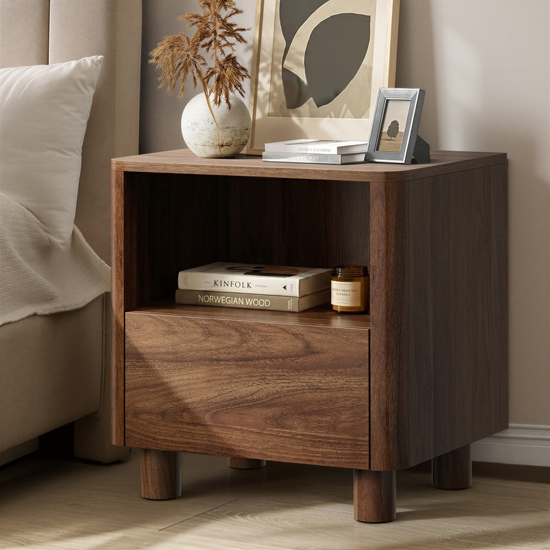 Oikiture Bedside Table One Drawer Open Shelf Handle-Free Walnut