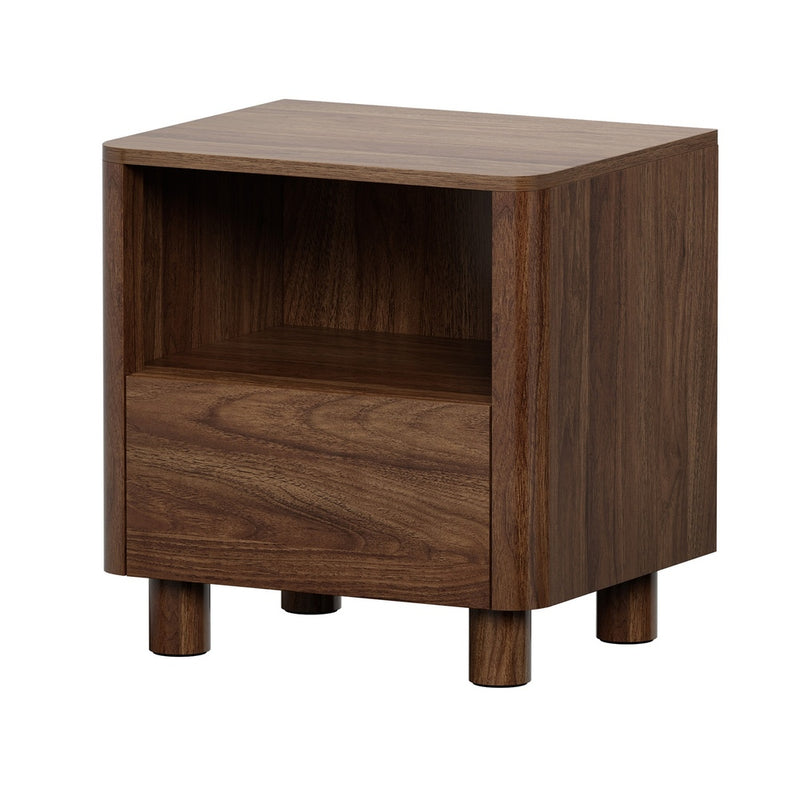 Oikiture Bedside Table One Drawer Open Shelf Handle-Free Walnut