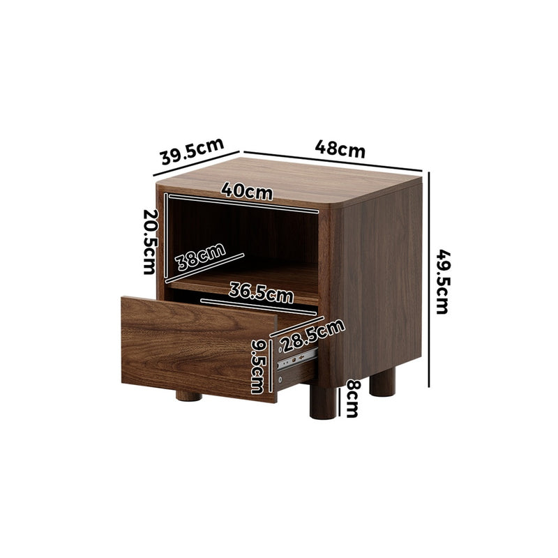 Oikiture Bedside Table One Drawer Open Shelf Handle-Free Walnut