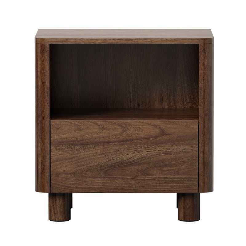 Oikiture Bedside Table One Drawer Open Shelf Handle-Free Walnut