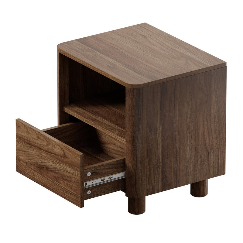 Oikiture Bedside Table One Drawer Open Shelf Handle-Free Walnut