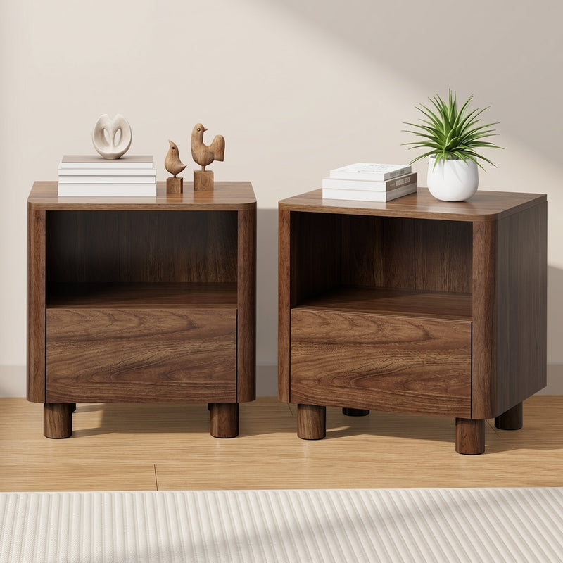 Oikiture 2pc Bedside Table One Drawer Open Shelf Handle-Free Walnut