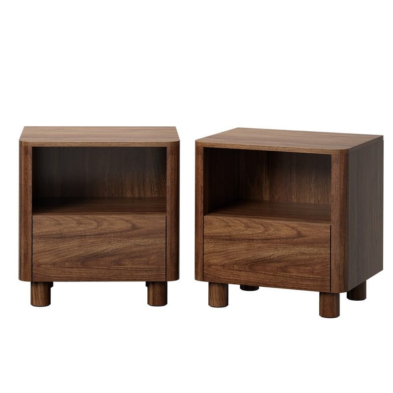 Oikiture 2pc Bedside Table One Drawer Open Shelf Handle-Free Walnut