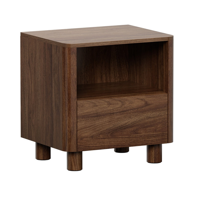 Oikiture 2pc Bedside Table One Drawer Open Shelf Handle-Free Walnut