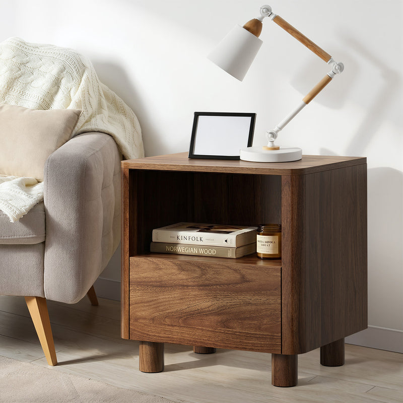 Oikiture 2pc Bedside Table One Drawer Open Shelf Handle-Free Walnut