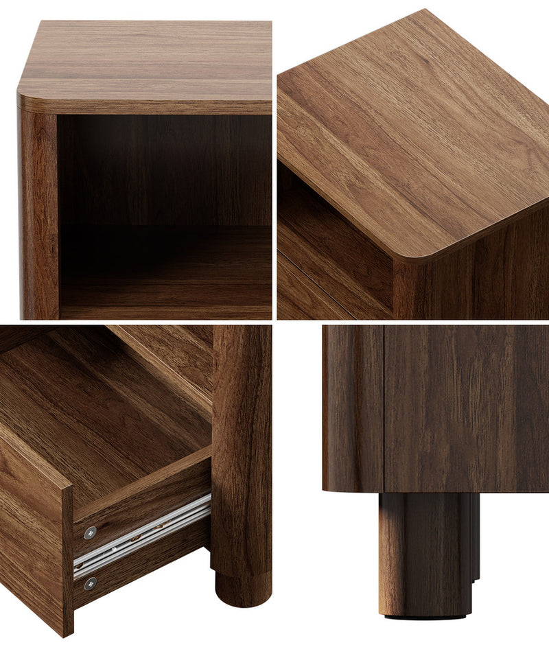 Oikiture 2pc Bedside Table One Drawer Open Shelf Handle-Free Walnut