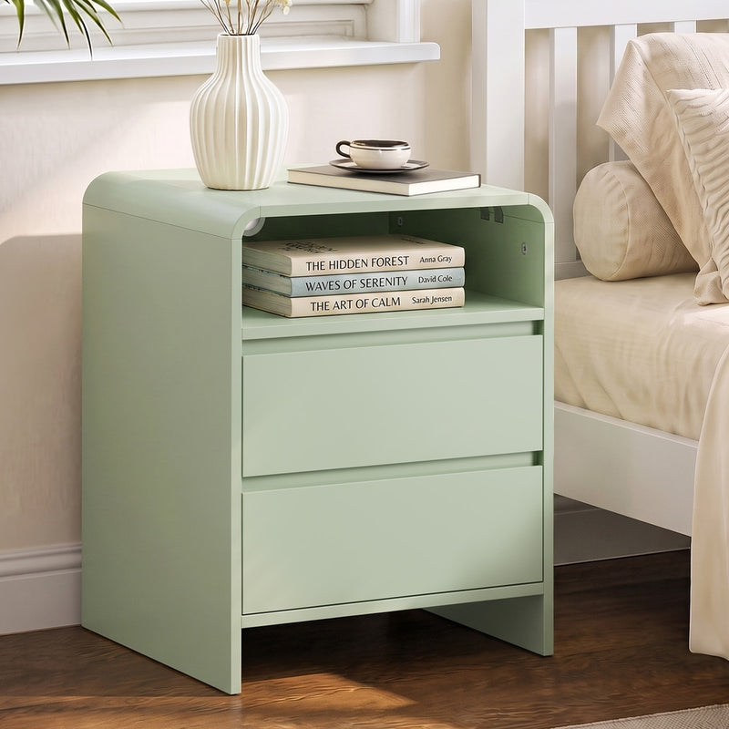 Oikiture Bedside Table Open Shelf Handle-Free Drawers Green