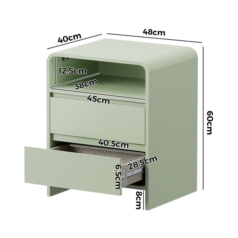 Oikiture Bedside Table Open Shelf Handle-Free Drawers Green