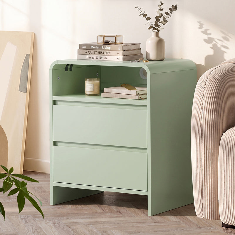 Oikiture Bedside Table Open Shelf Handle-Free Drawers Green