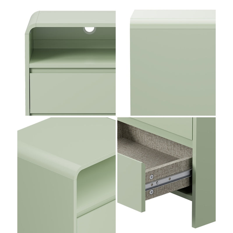 Oikiture Bedside Table Open Shelf Handle-Free Drawers Green