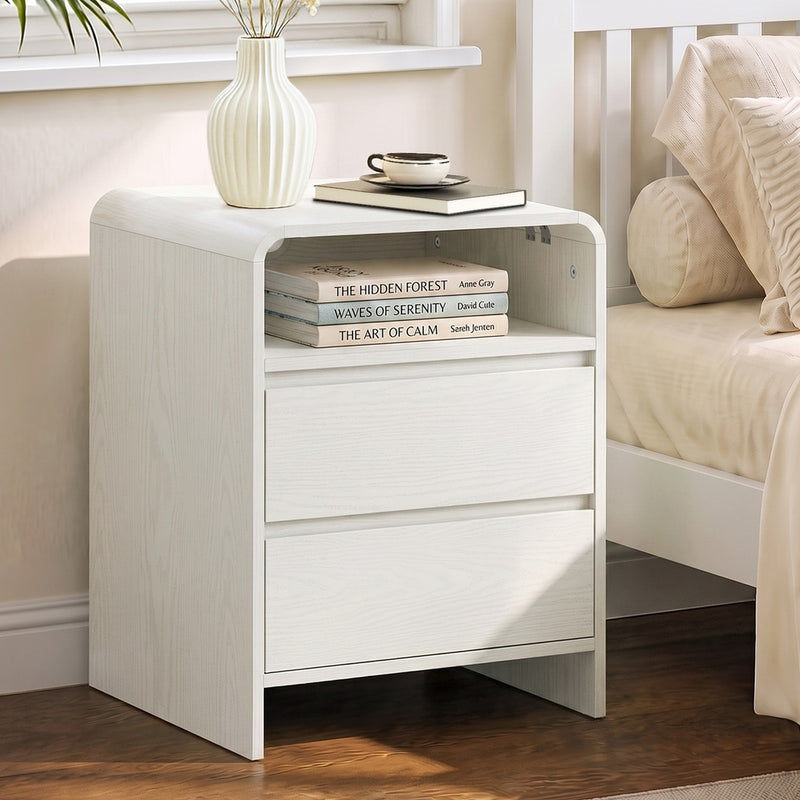 Oikiture Bedside Table Open Shelf Handle-Free Drawers White