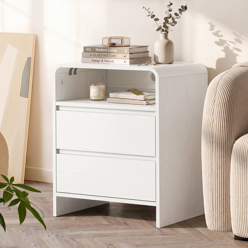 Oikiture Bedside Table Open Shelf Handle-Free Drawers White
