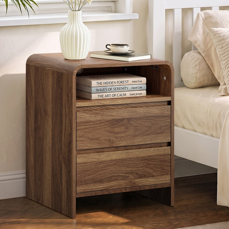 Oikiture Bedside Table Open Shelf Handle-Free Drawers Walnut