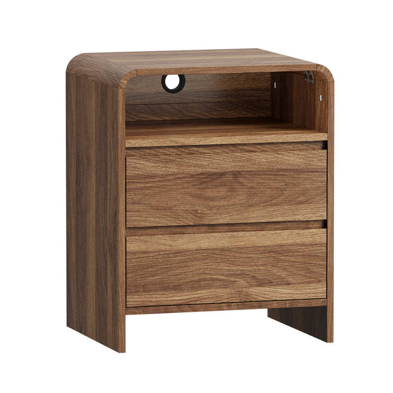 Oikiture Bedside Table Open Shelf Handle-Free Drawers Walnut