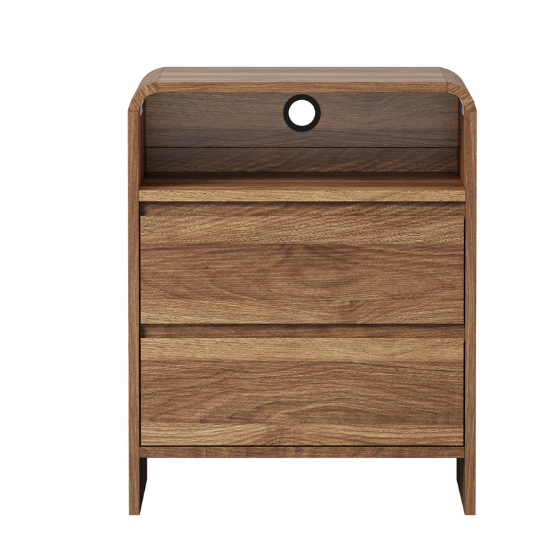 Oikiture Bedside Table Open Shelf Handle-Free Drawers Walnut