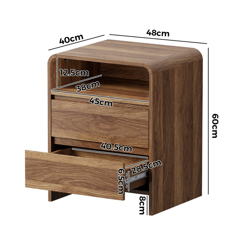 Oikiture Bedside Table Open Shelf Handle-Free Drawers Walnut