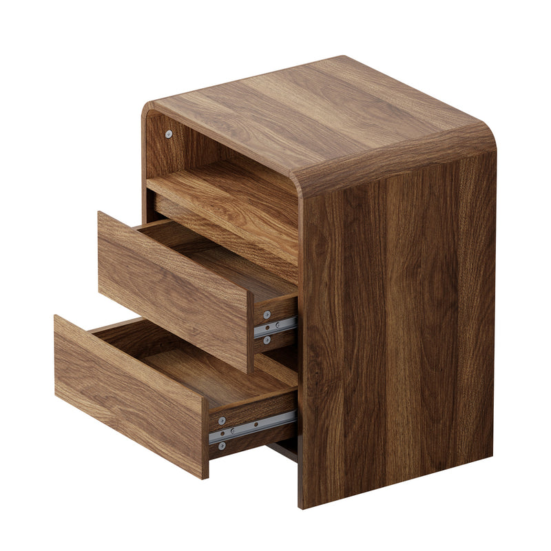 Oikiture Bedside Table Open Shelf Handle-Free Drawers Walnut