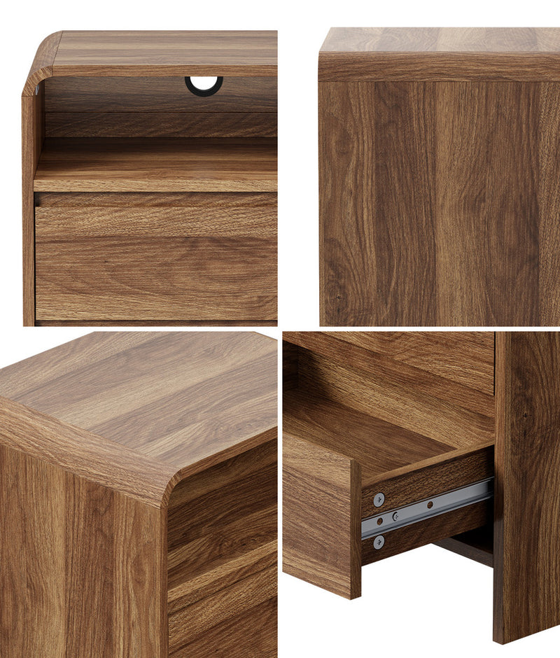 Oikiture Bedside Table Open Shelf Handle-Free Drawers Walnut