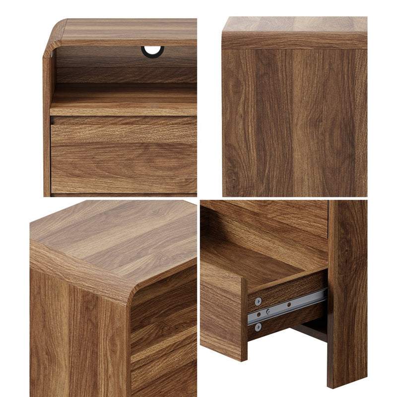Oikiture Bedside Table Open Shelf Handle-Free Drawers Walnut