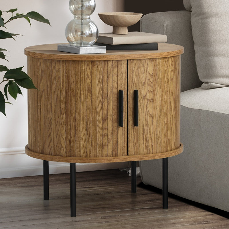 Oikiture 2-tier Bedside Table with Sliding Doors Natural