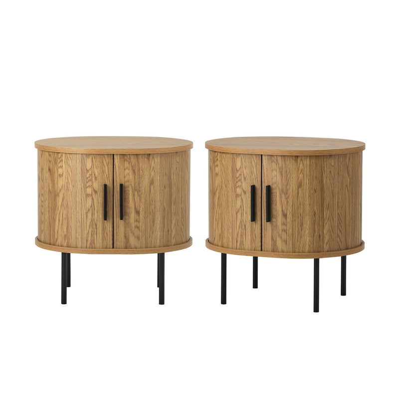 Oikiture Set of 2 Bedside Tables Sliding Doors 2-tier