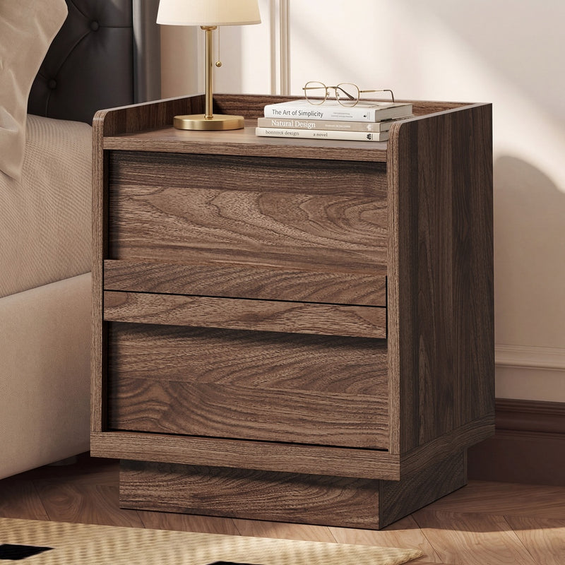 Oikiture Bedside Table 2 Drawers Handle-Free Cabinet Walnut
