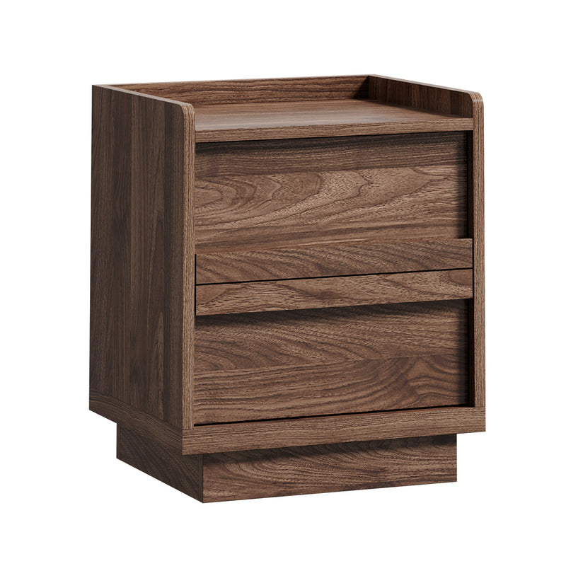 Oikiture Bedside Table 2 Drawers Handle-Free Cabinet Walnut