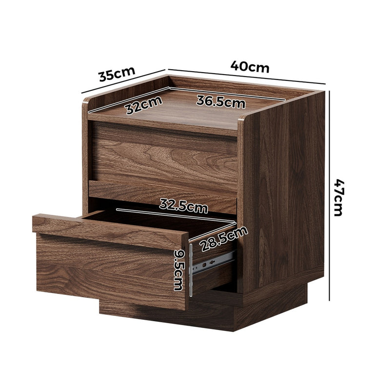 Oikiture Bedside Table 2 Drawers Handle-Free Cabinet Walnut
