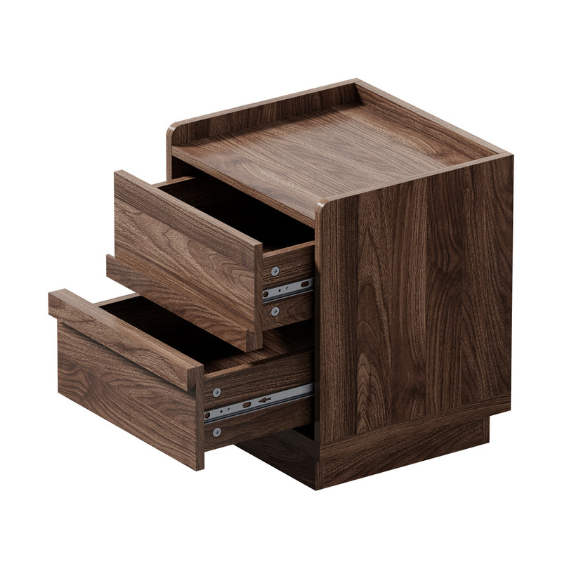 Oikiture Bedside Table 2 Drawers Handle-Free Cabinet Walnut