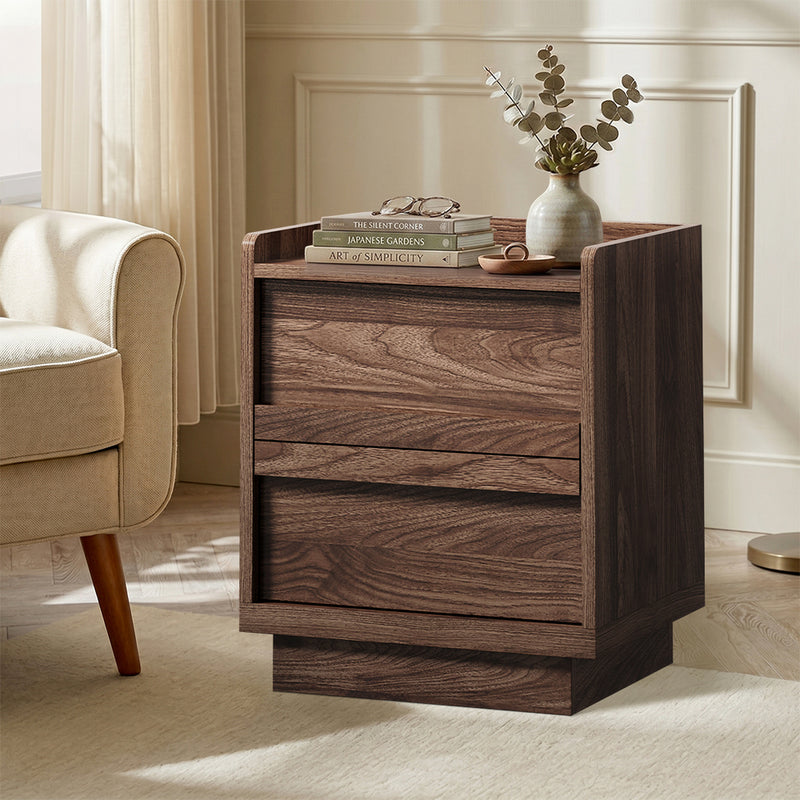 Oikiture Bedside Table 2 Drawers Handle-Free Cabinet Walnut