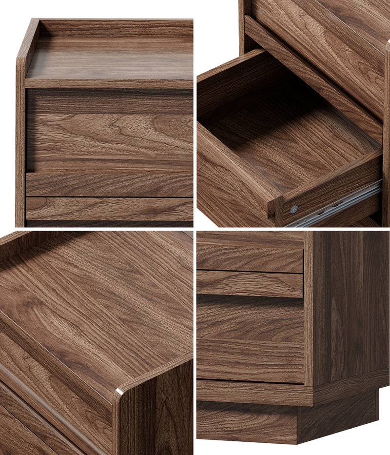 Oikiture Bedside Table 2 Drawers Handle-Free Cabinet Walnut