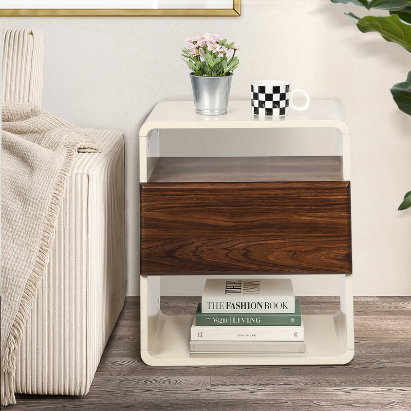 Oikiture 2x Bedside Table With Drawer Open Shelves Retro-Modern