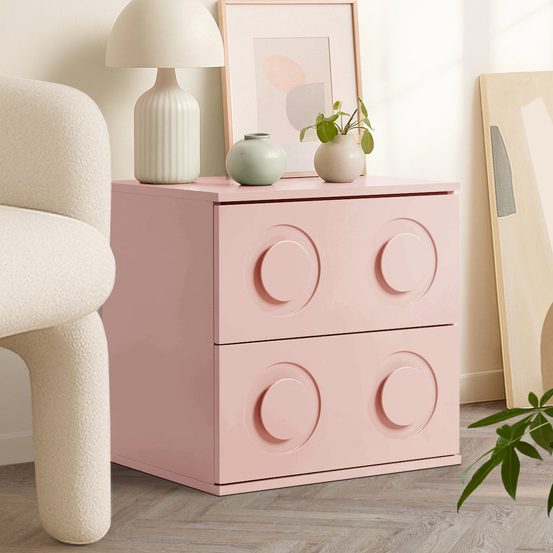 Oikiture Bedside Table 2 Drawers Nightstand Side Storage Cabinet Pink