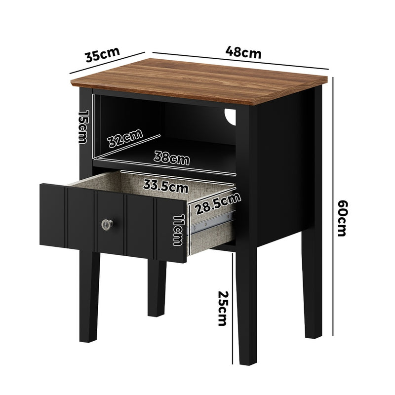 Oikiture Bedside Table 1 Drawer and Shelf Black Farmhouse Nightstand