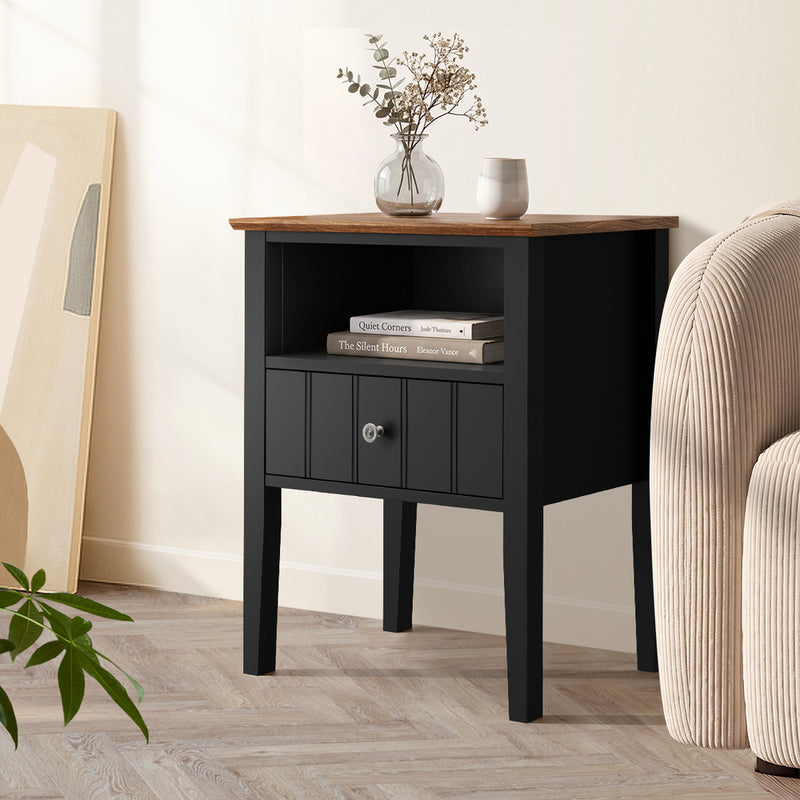 Oikiture Bedside Table 1 Drawer and Shelf Black Farmhouse Nightstand