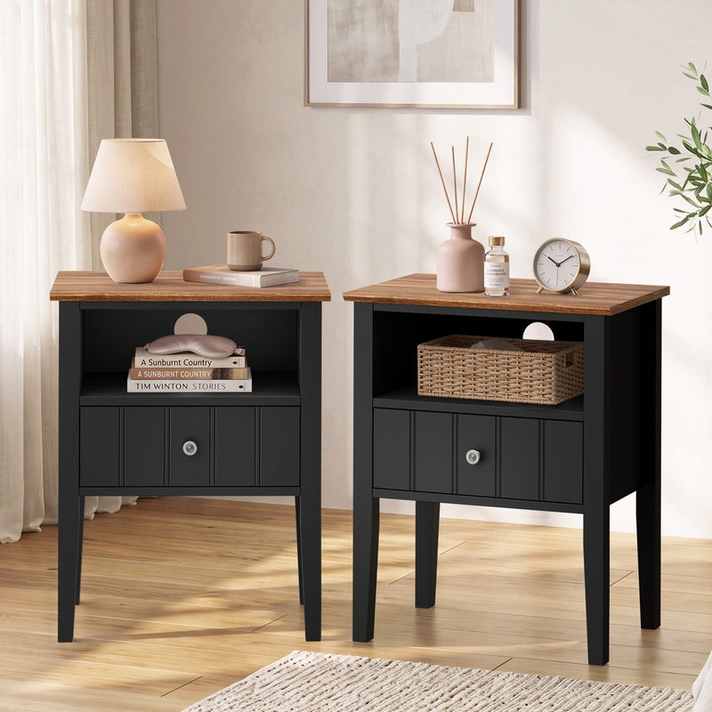 Oikiture 2 Bedside Tables with Drawer and Shelf Farmhouse Style Black