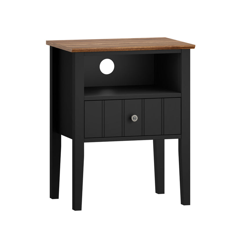 Oikiture 2 Bedside Tables with Drawer and Shelf Farmhouse Style Black