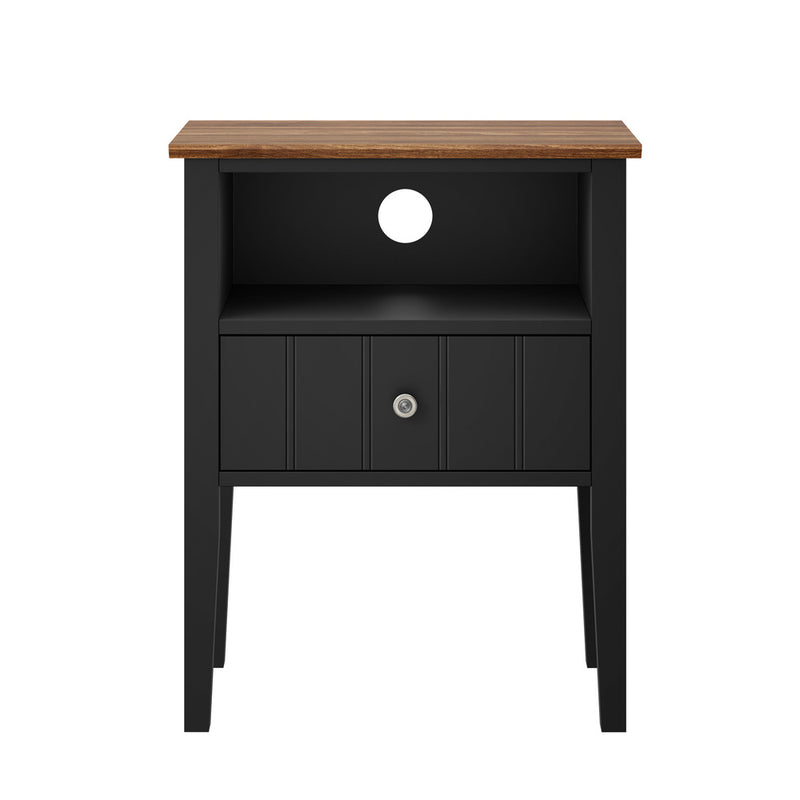 Oikiture 2 Bedside Tables with Drawer and Shelf Farmhouse Style Black