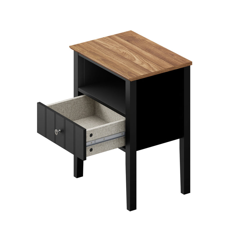 Oikiture 2 Bedside Tables with Drawer and Shelf Farmhouse Style Black
