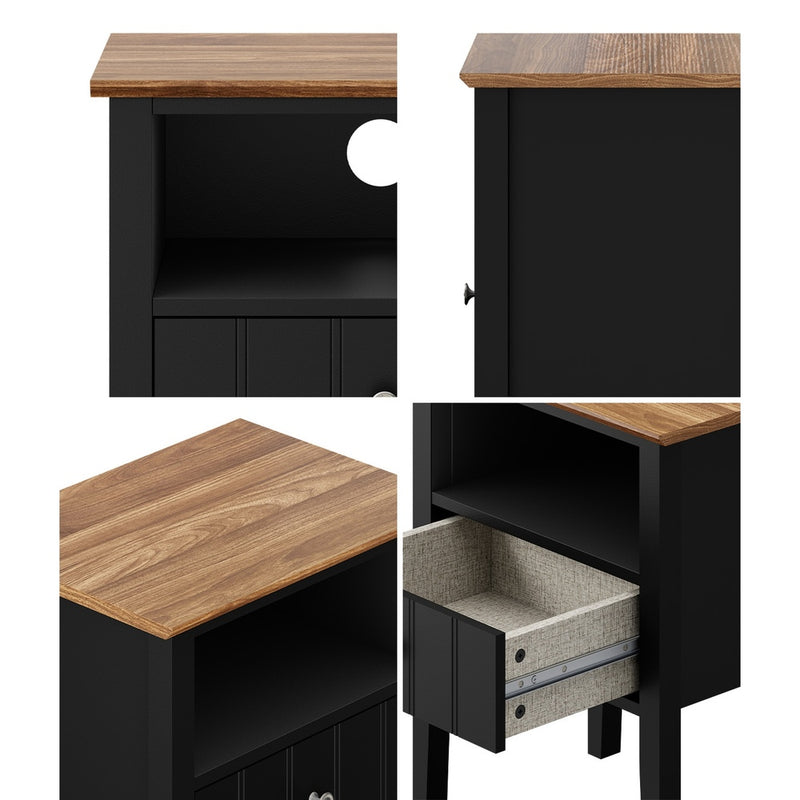 Oikiture 2 Bedside Tables with Drawer and Shelf Farmhouse Style Black