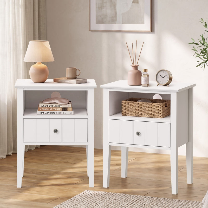 Oikiture 2 Bedside Tables with Drawer and Shelf Farmhouse Style White