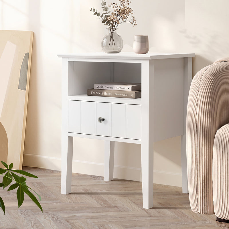 Oikiture 2 Bedside Tables with Drawer and Shelf Farmhouse Style White