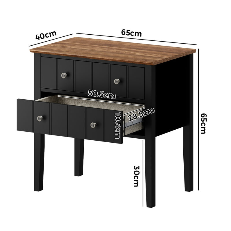 Oikiture Farmhouse Bedside Table 2 Drawer Black Nightstand Storage