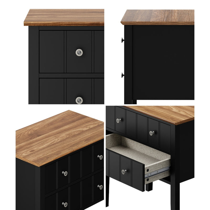 Oikiture Farmhouse Bedside Table 2 Drawer Black Nightstand Storage