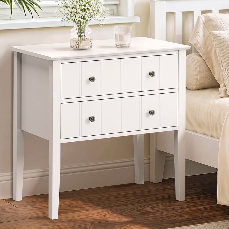 Oikiture Farmhouse Bedside Table 2 Drawer White Nightstand Storage