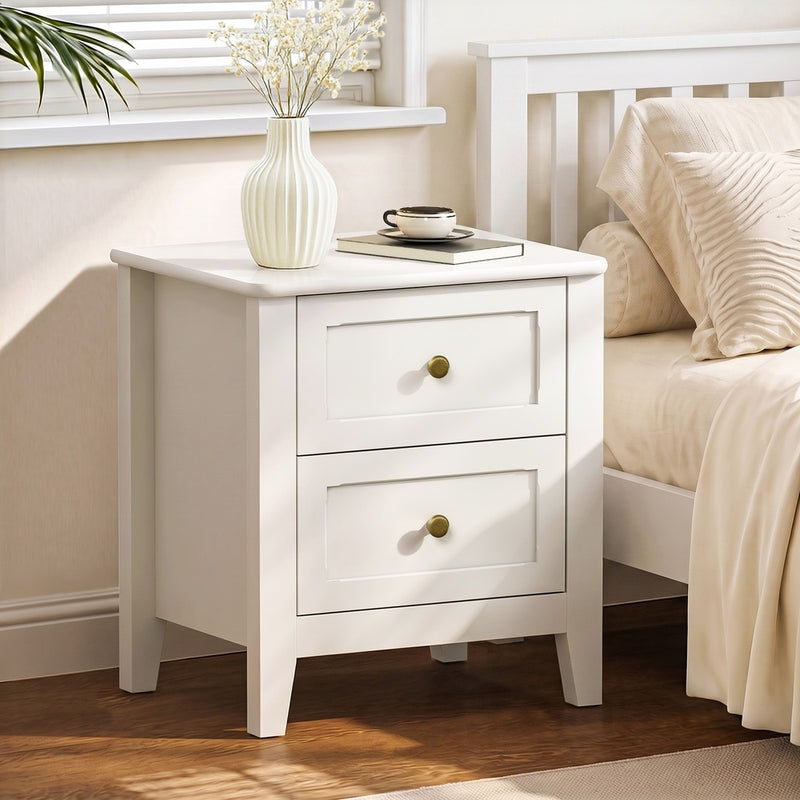 Oikiture Bedside Table 2 Drawers Metal Handle White