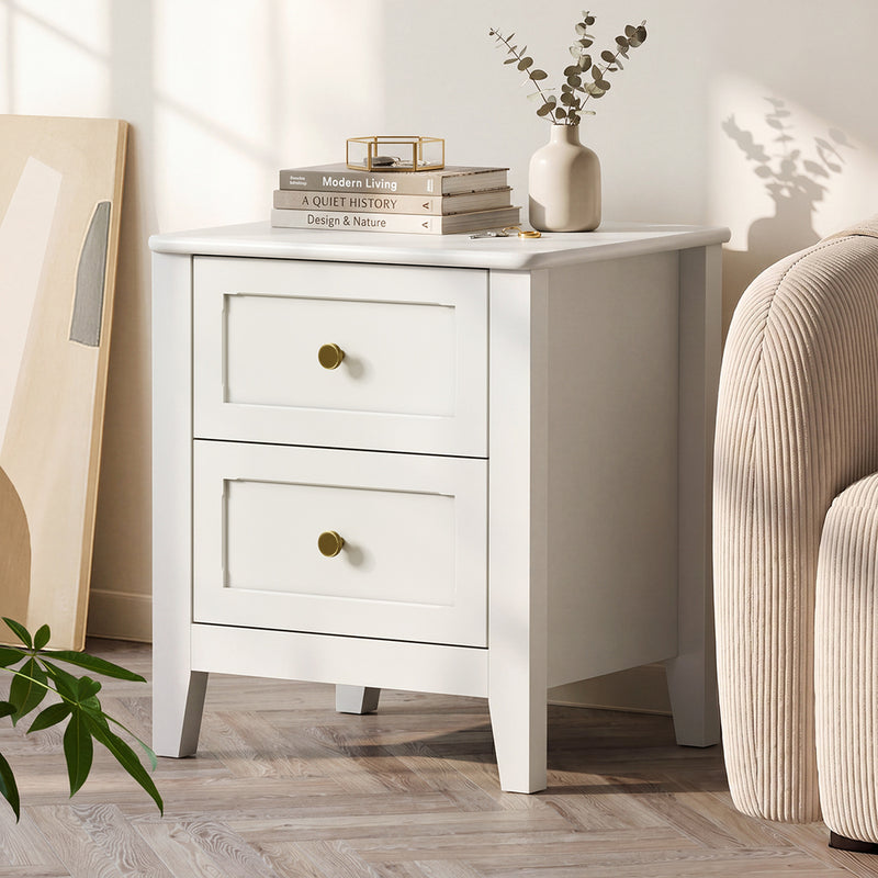 Oikiture Bedside Table 2 Drawers Metal Handle White