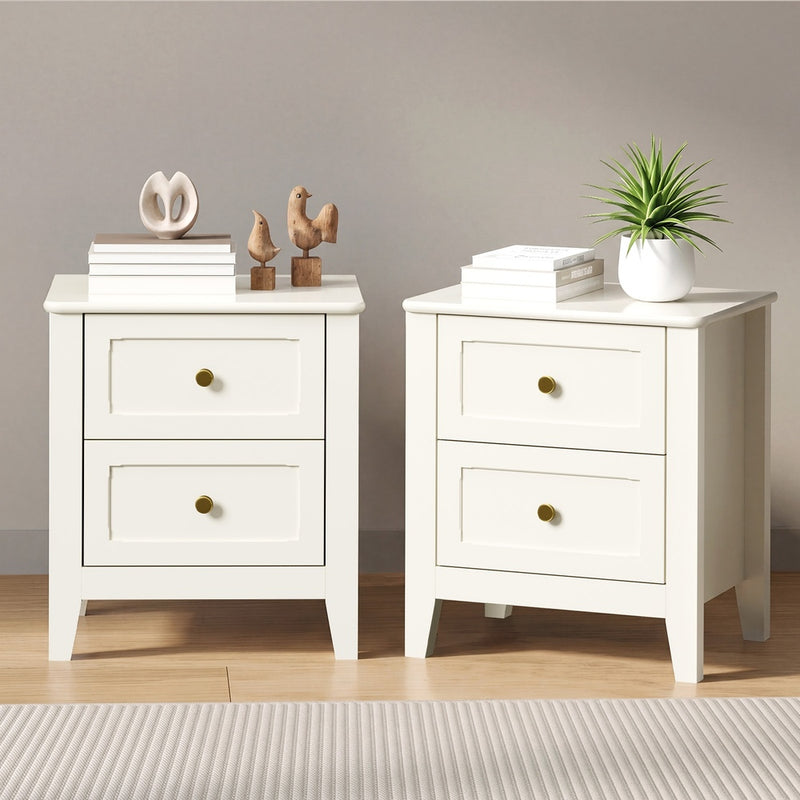 Oikiture 2pc Bedside Table 2 Drawers Metal Handle White