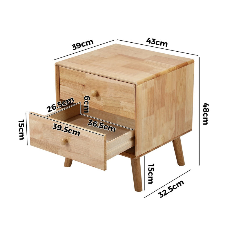 Oikiture Bedside Table 2 Drawers Storage Rubber Wood
