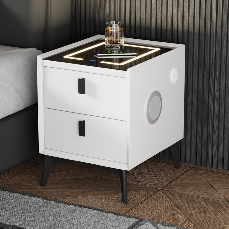 Oikiture Smart Bedside Table Wireless Charging LED 2 Drawers White